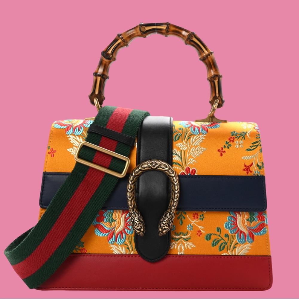 Gucci Satin Calfskin Bamboo Web Tokyo Print Medium Dionysus Top Handle Bag Gold